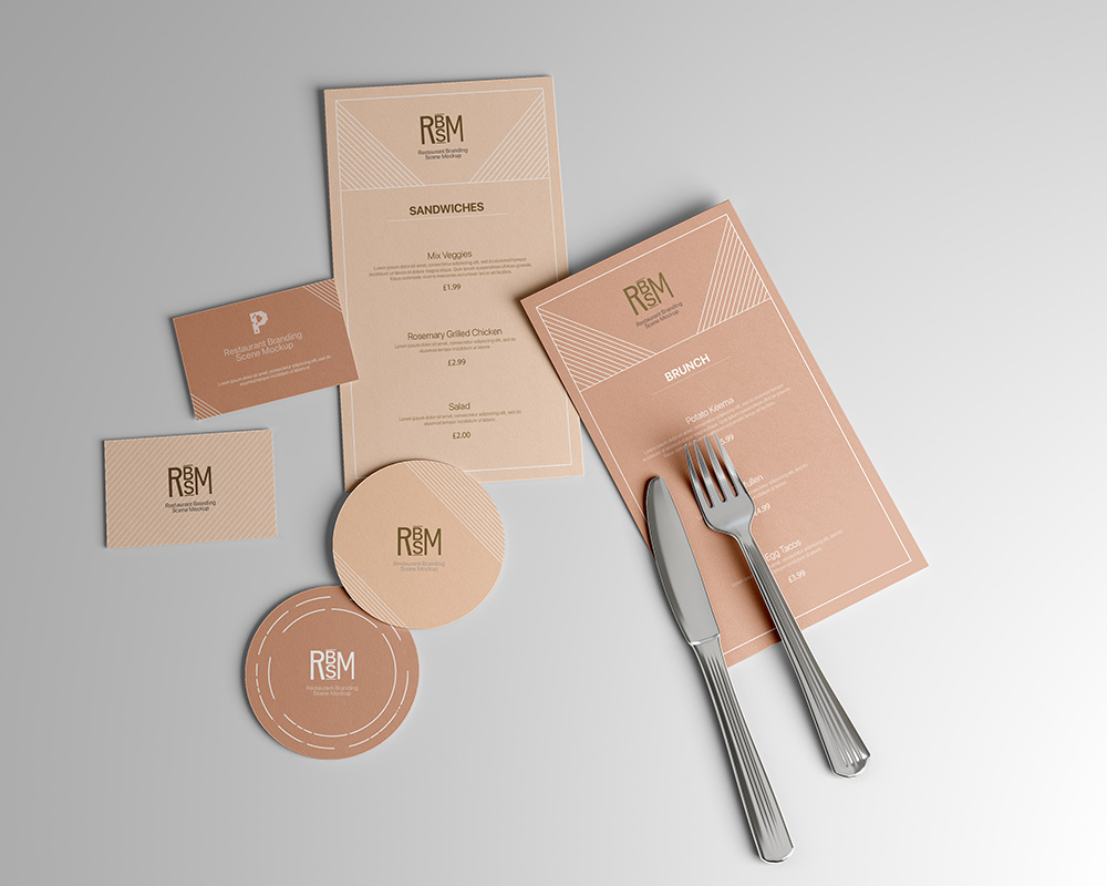 0204 可商用餐具杯垫菜单样机 restaurant branding scene mockup