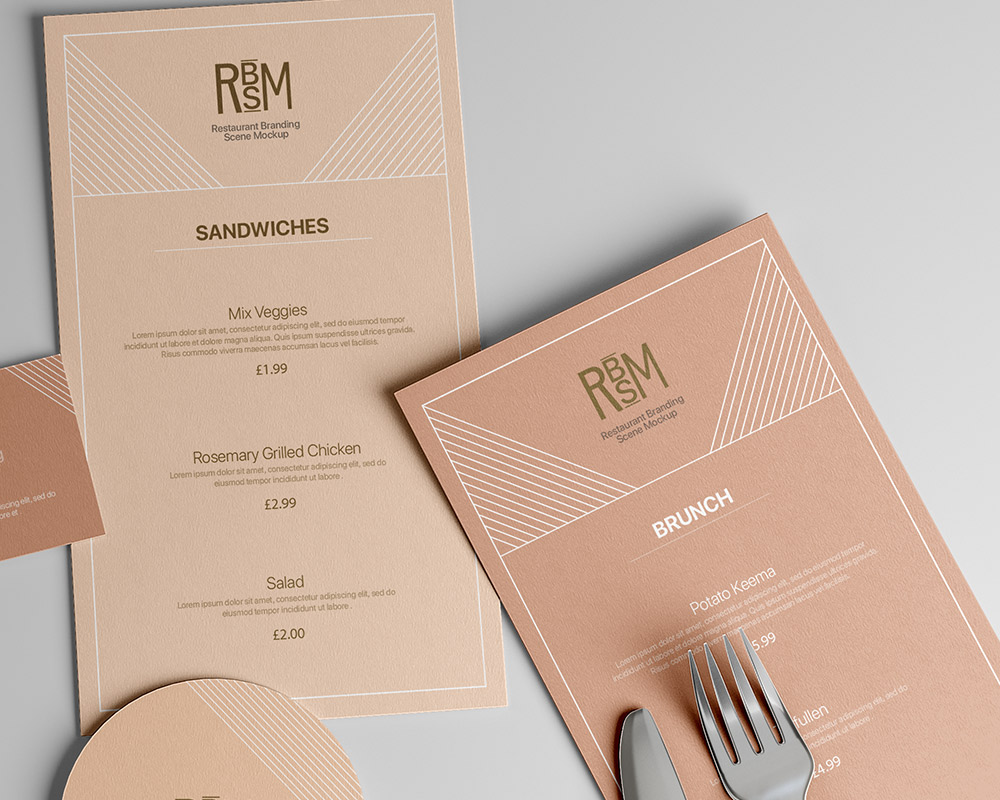 0204 可商用餐具杯垫菜单样机 restaurant branding scene mockup