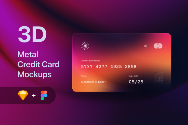 3D金属半透明磨砂玻璃信用卡Fig、Sketch样机3D Metal Credit Card Mockups – Fintech & SaaS