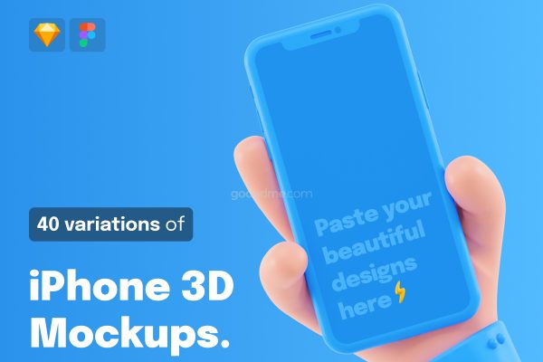 优质创意Q版卡通3D手持 iPhone 手机设计Fig、Sketch样机下载 iPhone 3D Mockups