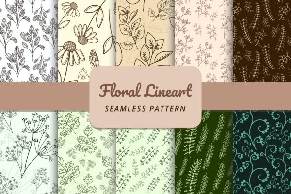 773 精美花卉树叶艺术矢量线条无缝背景图案设计素材 Floral Lineart Seamless Pattern