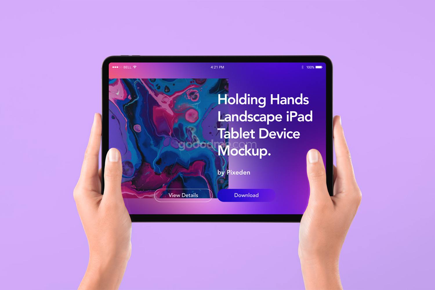 0258 可商用手持平板电脑UI展示样机Holding Hand Landscape iPad Tablet Mockup PIXEDEN