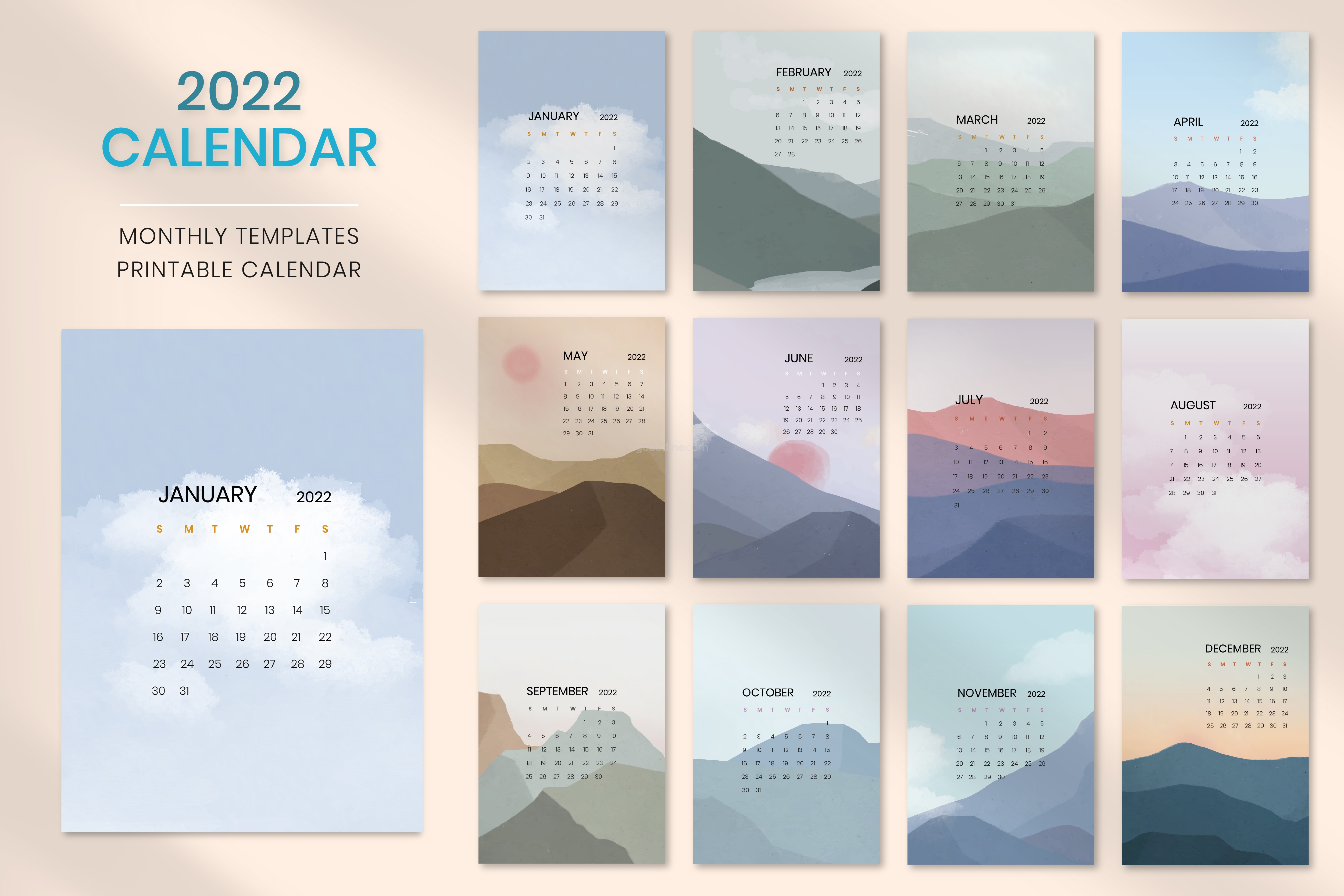 791 写意山水日出新年挂历2022日历矢量可商用设计模板sky mountain yearly calendar vector minimal scandinavian aesthetics printable vector template set