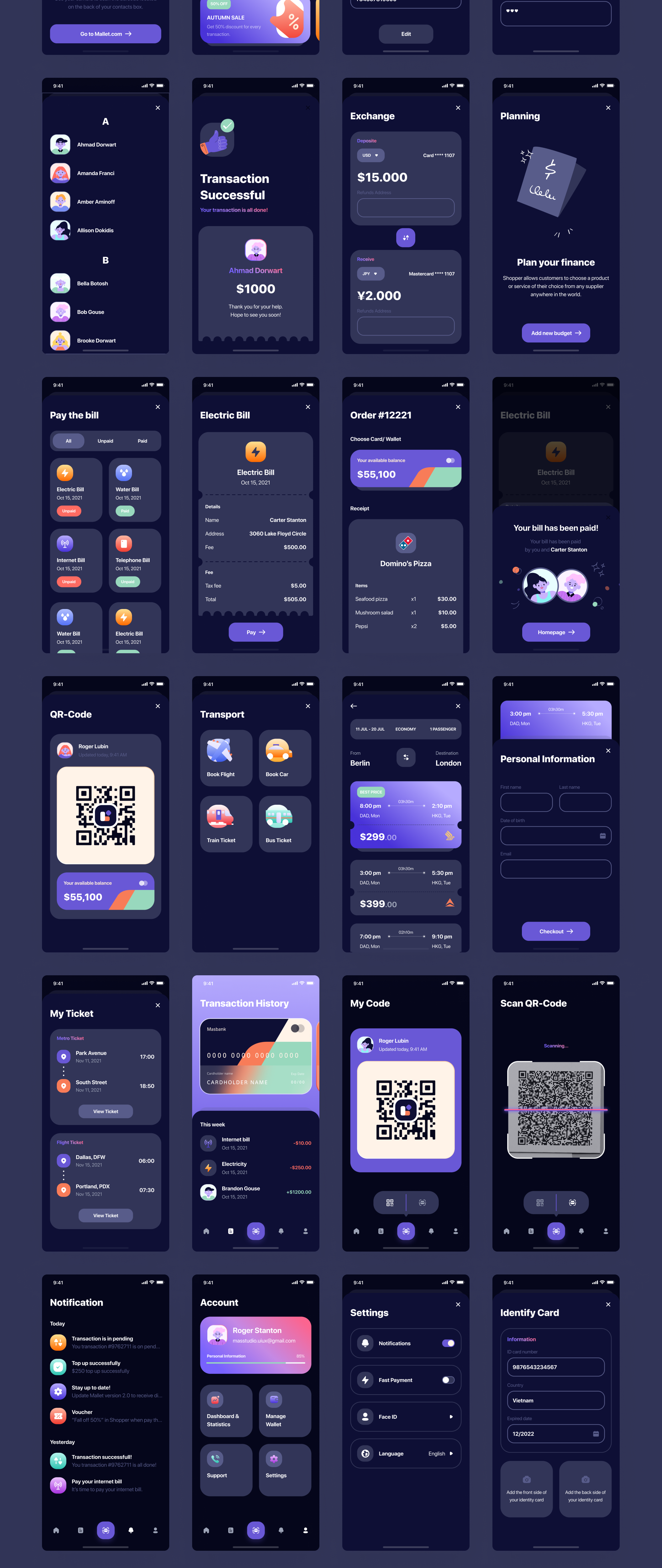 49 手机银行金融理财APP软件界面设计UI套件素材 Mallet – Light mode & Dark mode UI Kit Mallet – Light mode & Dark mode UI Kit 49