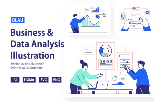 05 业务分析和数据统计插画图片数据可视化插画设计AI素材下载 BLAU – Business Analysis & Data Statistic Illustration