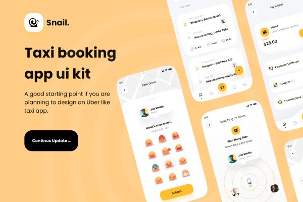 023 移动应用的汽车预订 UI 套件 Snail Taxi booking app UI Kit