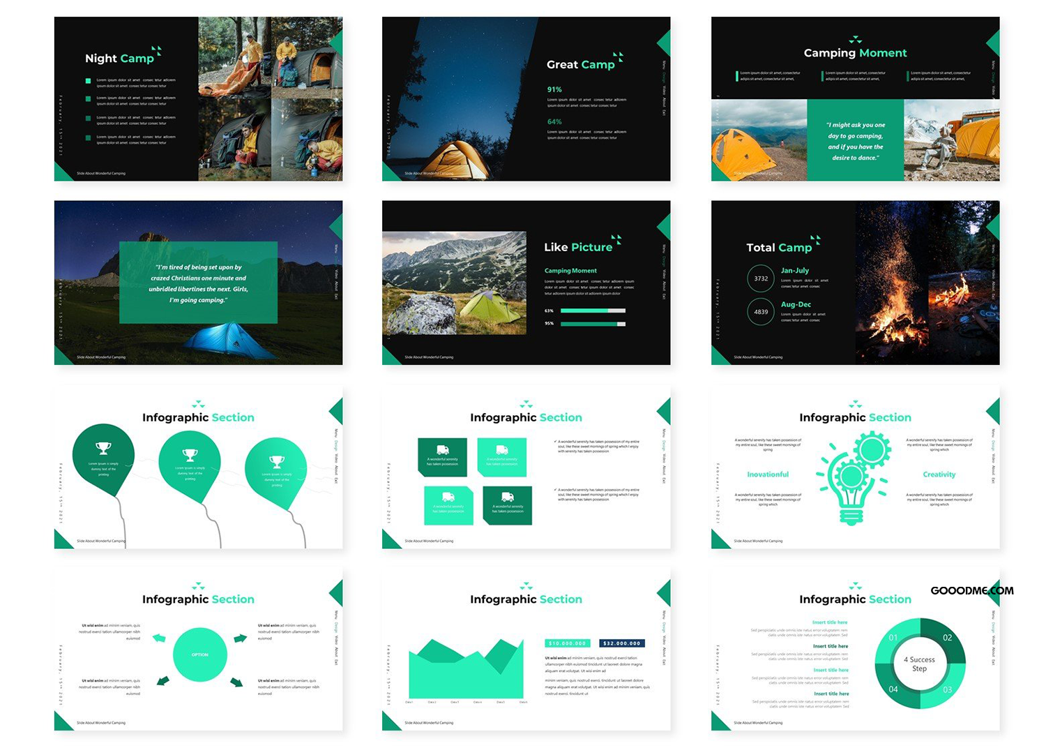 33 旅行野营PPTKeynote谷歌幻灯片三合一模板 Campeggio – Presentation Template