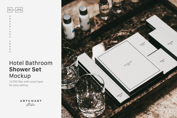 982 酒店淋浴一次性用品包装样机Hotel Shower Set Mockup Bathroom