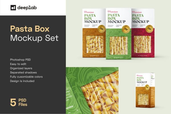 083 意大利面纸盒包装PSD样机套装 Pasta Box Packaging Mockup Set