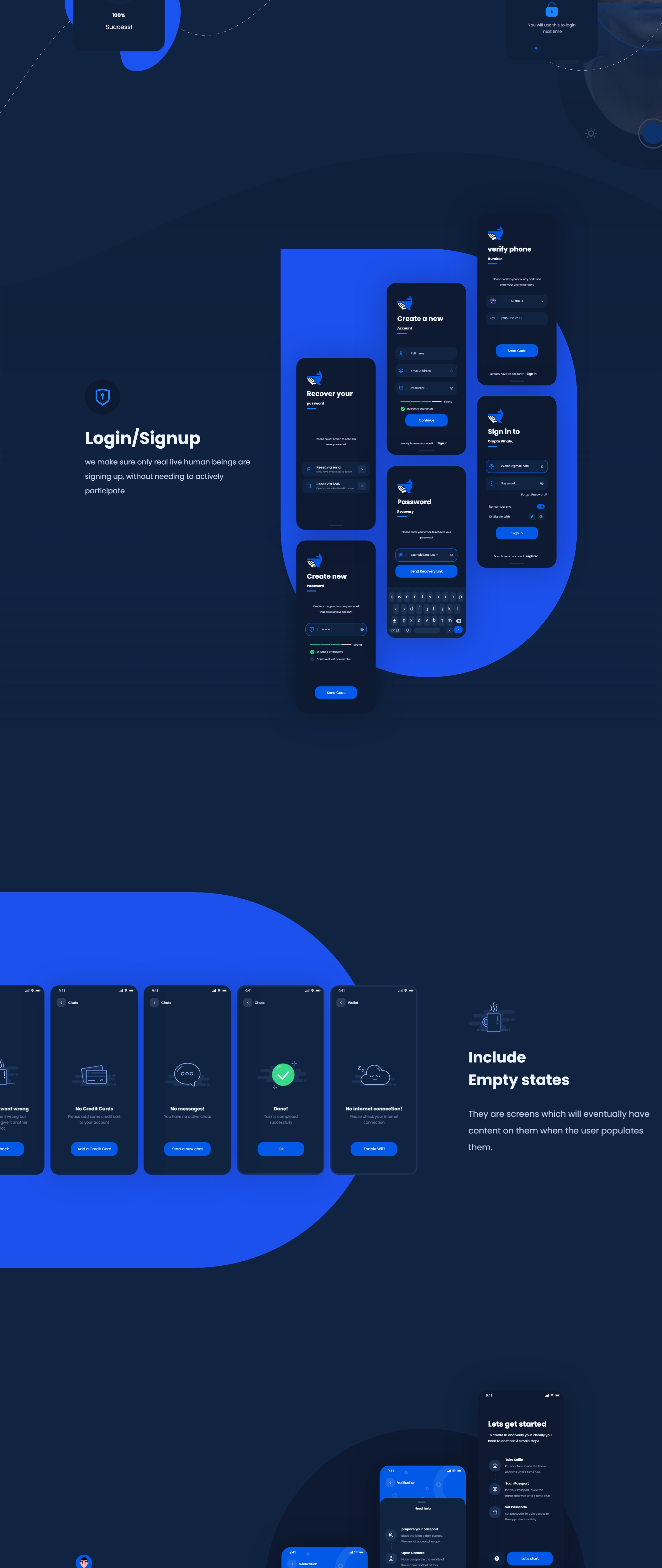 1159 加密数字货币APP应用程序界面UI设计模板 Crypto whale – Mobile App UI Kit Dark mode