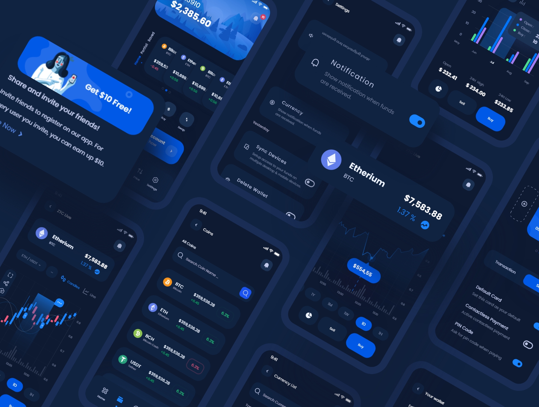 1159 加密数字货币APP应用程序界面UI设计模板 Crypto whale – Mobile App UI Kit Dark mode