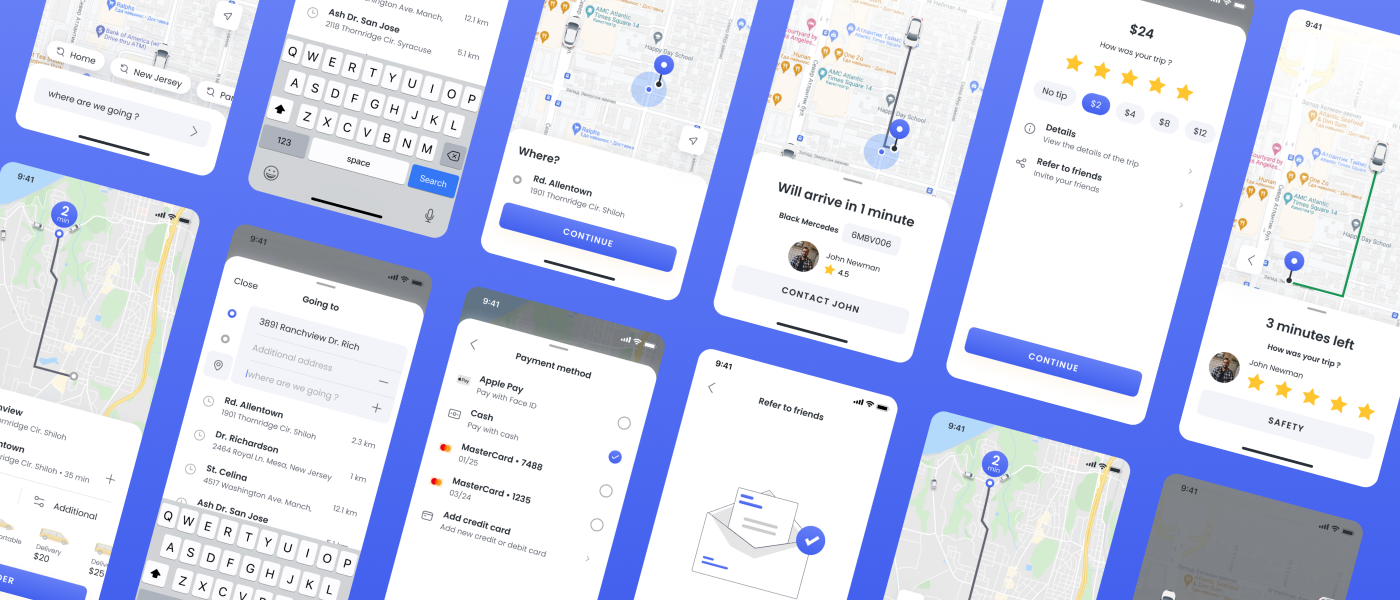 1160 简介地图导航网约车app设计UI模板 Tax.io – Taxi ui kit