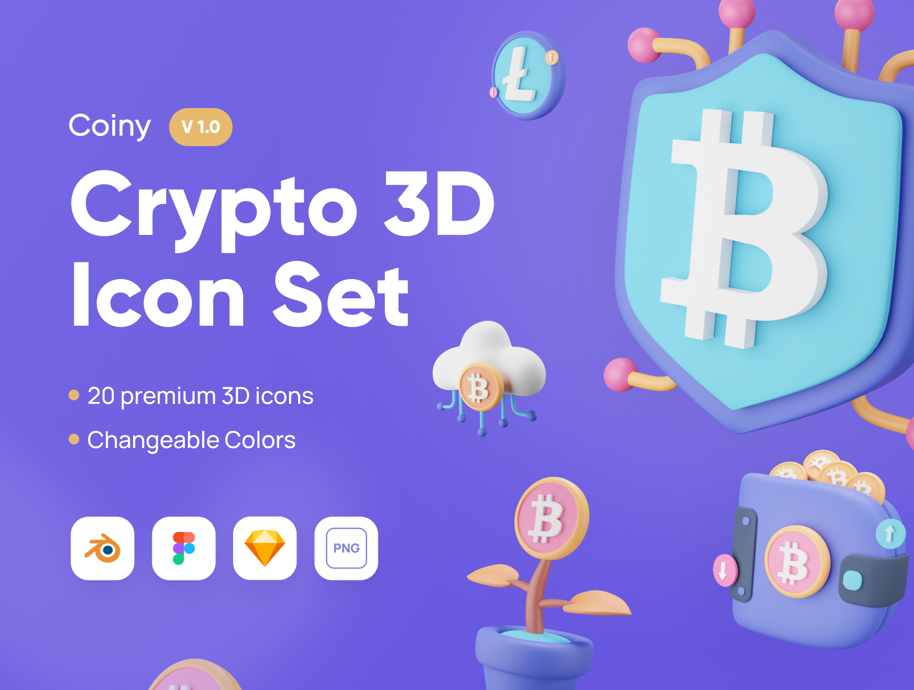 1162 金融科技银行类3D模型设计_3D区块连加密货币icon图标sketch素材 Coiny – Crypto 3D Icon Set