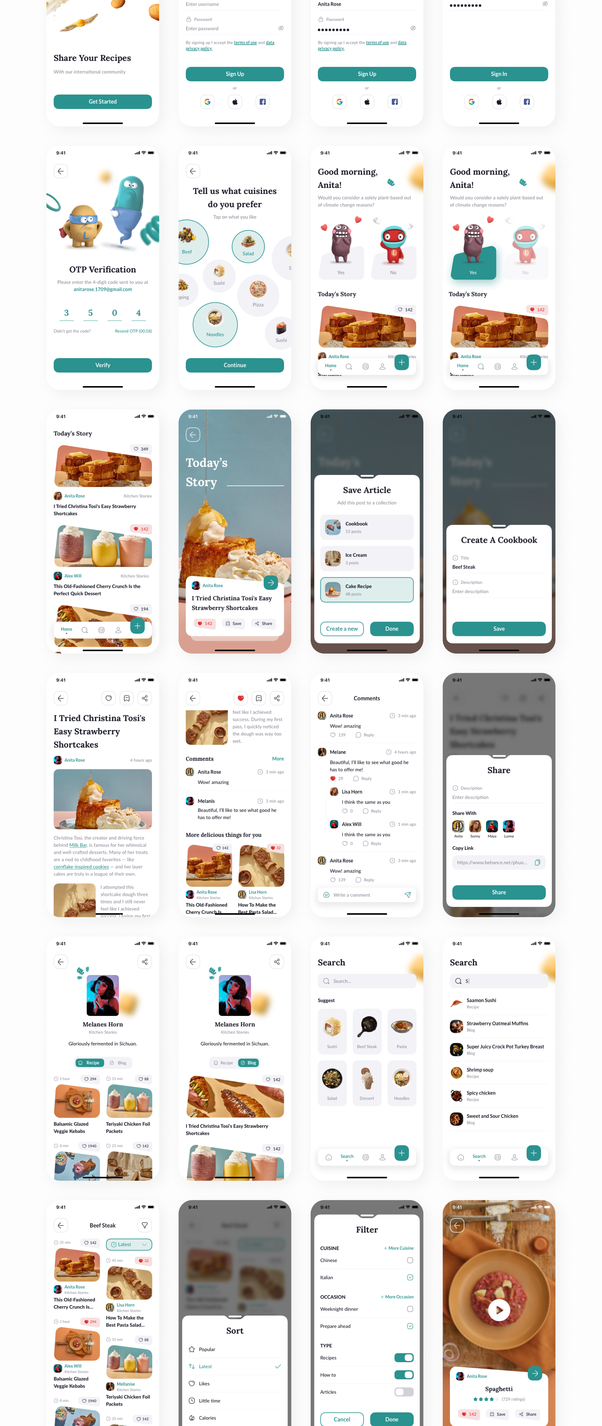 1169 美食食谱烹饪知识分享平台app界面ui设计sketch模板 Kifota – Recipes & Cooking UI Kit