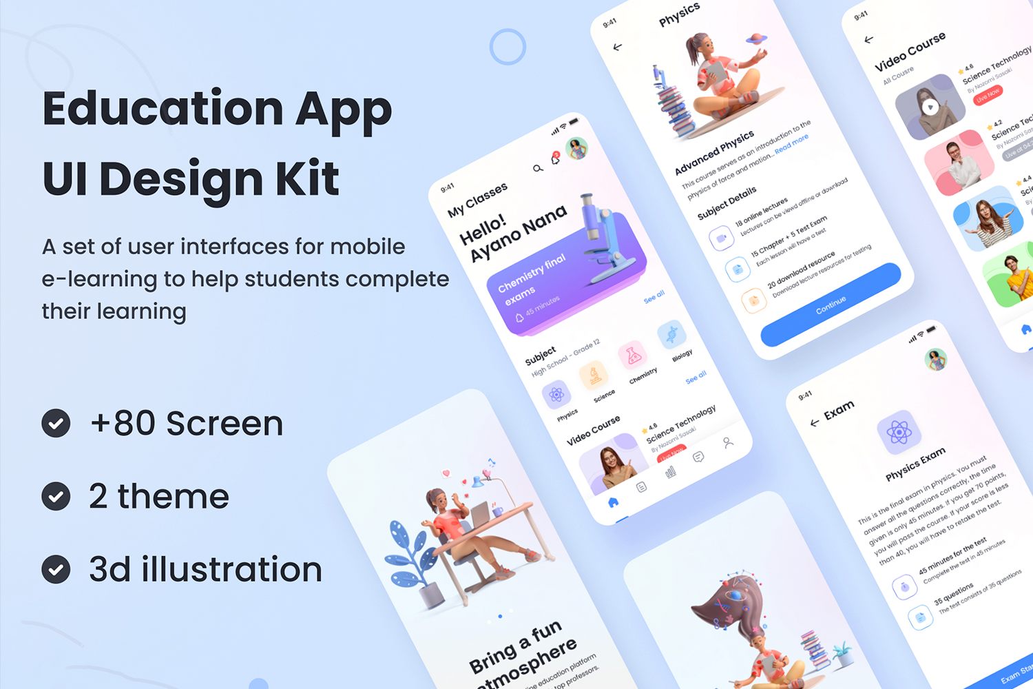 1257 时尚在线学习教育应用程序APP界面设计模板套件 Education App UI Design Kit