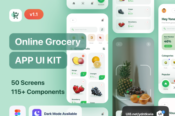 1170 明暗杂货日用商品生鲜超市在线购买商城APP界面设计套件素材 Grofast – Online Grocery App UI Kit