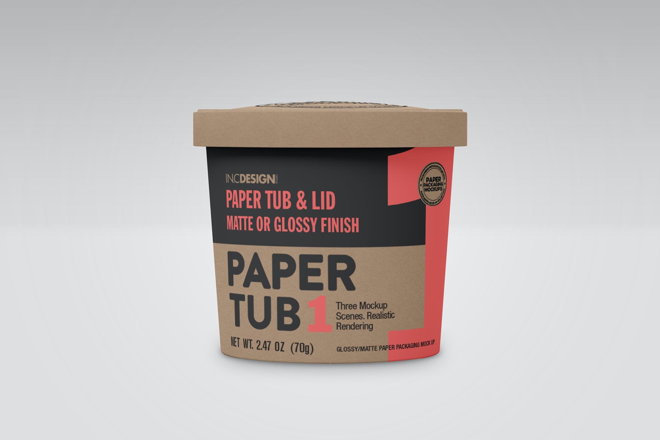 55 光滑＆哑光质感带盖圆纸桶外包装样机模板 Paper Tub with Lid Packaging Mockup