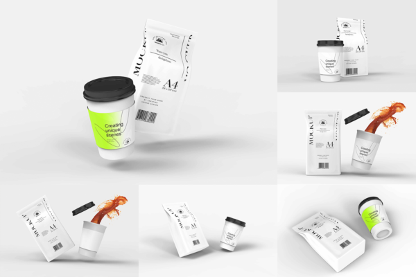 3106 6款咖啡品牌设计一次性纸杯PSD样机素材 Take Away Coffee Cup With Coffee Pack Mockup