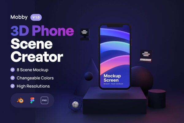 3360 3D定制场景的手机app应用展示样机blender模型素材 Mobby – 3D Phone Scene Creator