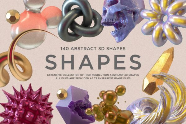 3353 140款3D抽象艺术骷髅金属科幻未来赛博朋克几何png免抠图片素材 Shapes 140 Abstract 3D Shapes
