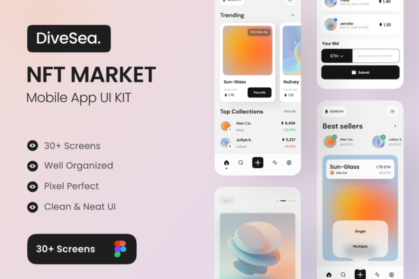 3525 简约美观的NFT市场成交App UI设计套件模板 DiveSea – NFT Market App UI KIT