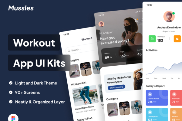 3532 手机健身锻炼跑步打卡app应用ui界面设计模板Mussles – Workout Apps UI Kits