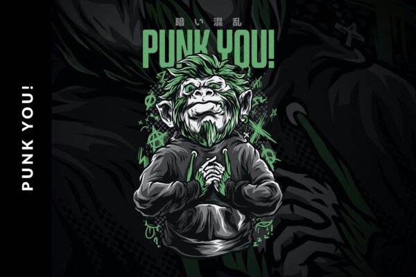 3921 手绘猩猩怪兽矢量服装印花图案素材 Punk You! T-Shirt Design@GOOODME.COM