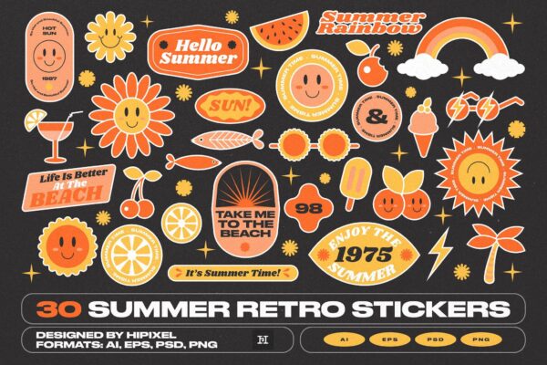 4250 30款夏季复古趣味卡通笑脸表情包AI矢量插画贴纸设计30 Summer Retro Stickers@GOOODME.COM