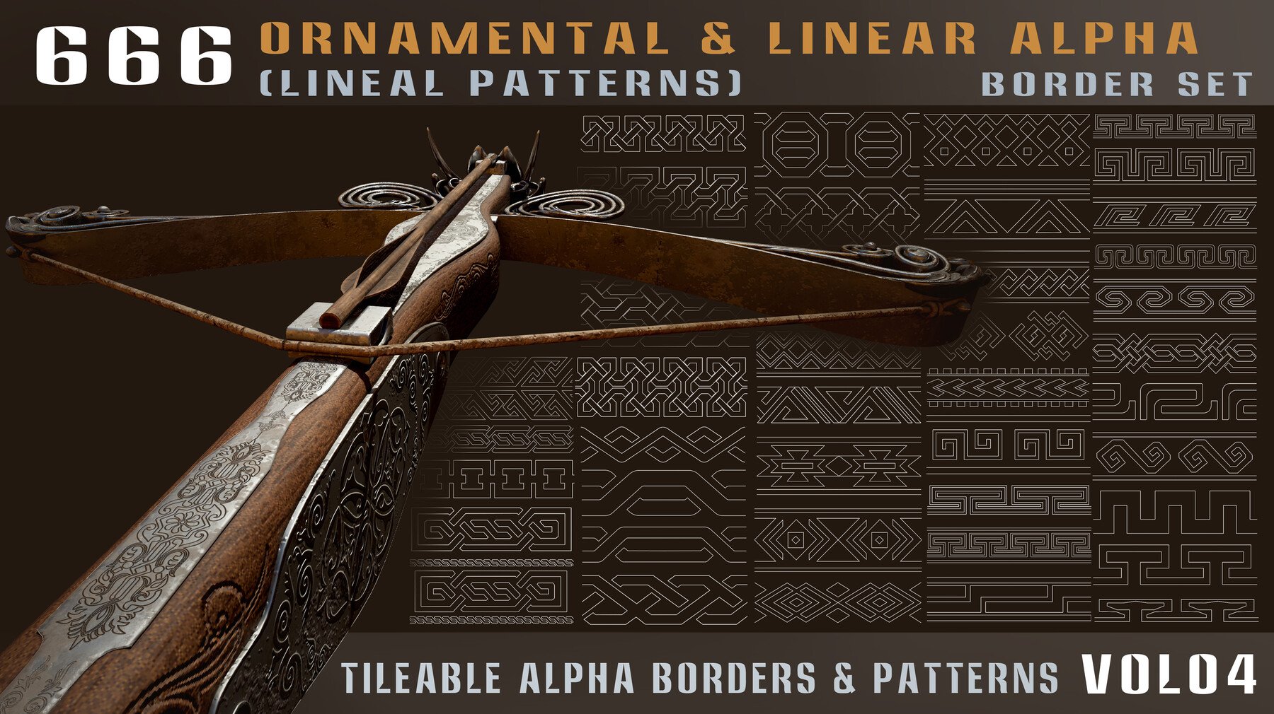 4436 666组弓弩武器边框图案4k高清装饰花纹Alpha贴图合集 666-ornamental & linear alpha (lineal patterns)-Vol04