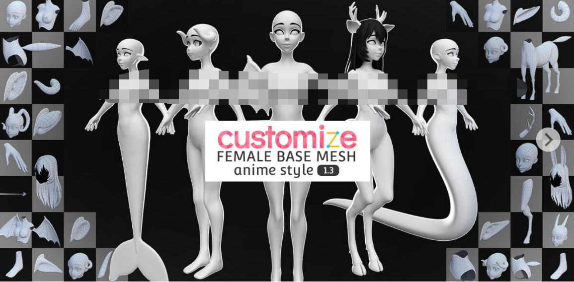 4443 完美自定义动漫童话角色模型 Customize Female Base Mesh-Anime Style v1.3