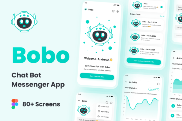 4599 86屏人工智能机器人客服信使聊天回复用户界面app设计ui套件明暗主题模板 Bobo – ChatBot Messenger App UI Kit@GOOODME.COM
