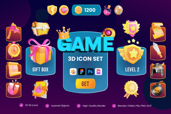 4613 30个卡通趣味游戏药水盾牌宝石头盔3D图标Icons设计素材包 3D Game Icons@GOOODME.COM