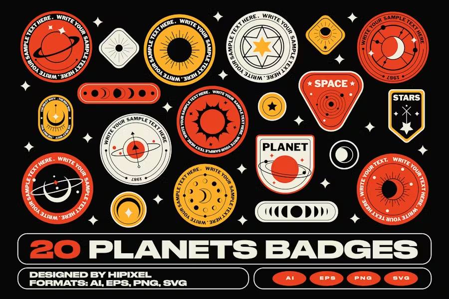 5518 复古风格行星主题的徽章贴纸图形素材 – Planets Badge Stickers